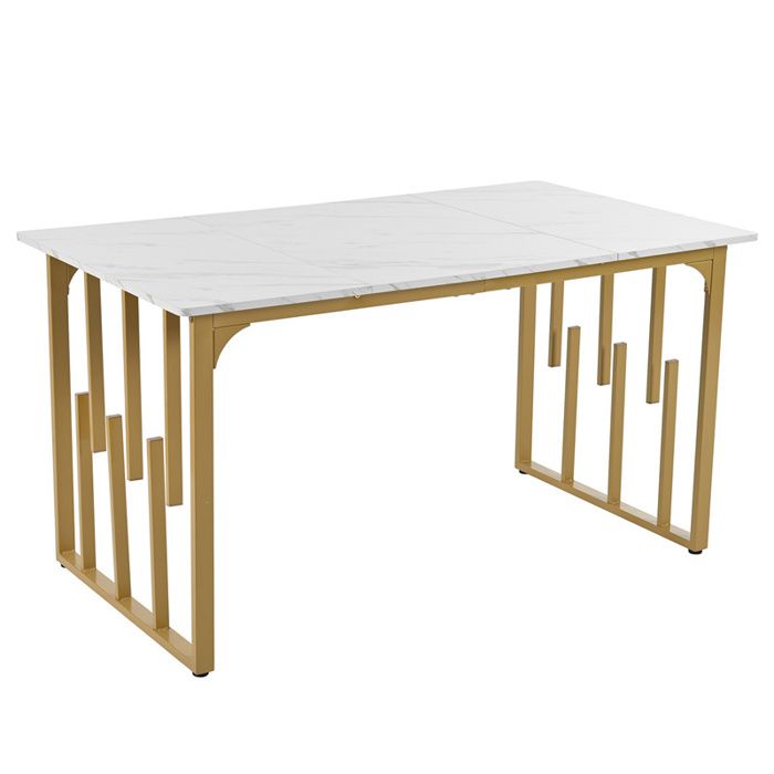 table de salle à manger rectangulaire 140x80cm, structure en métal, plateau en marbre, pieds réglables, blanc/doré
